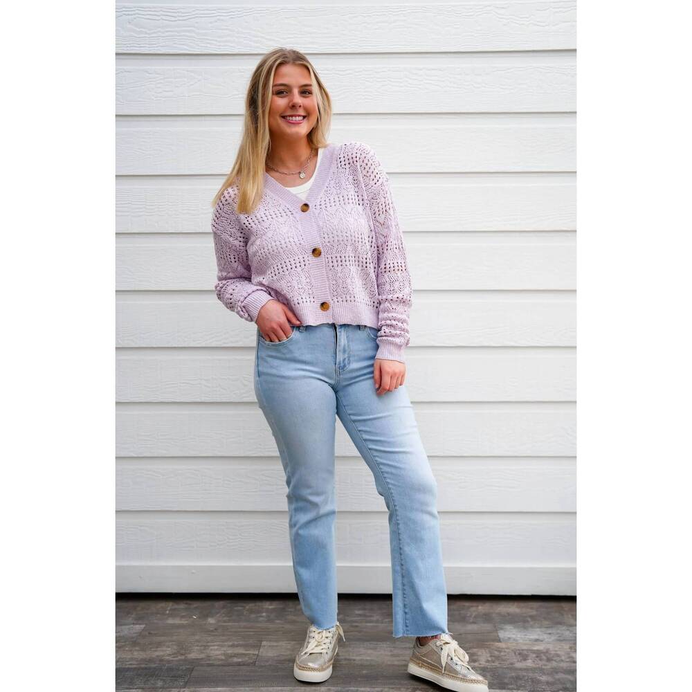 NEW DOE AND RAE pointelle knitted v-neck crop cardigan in lavender